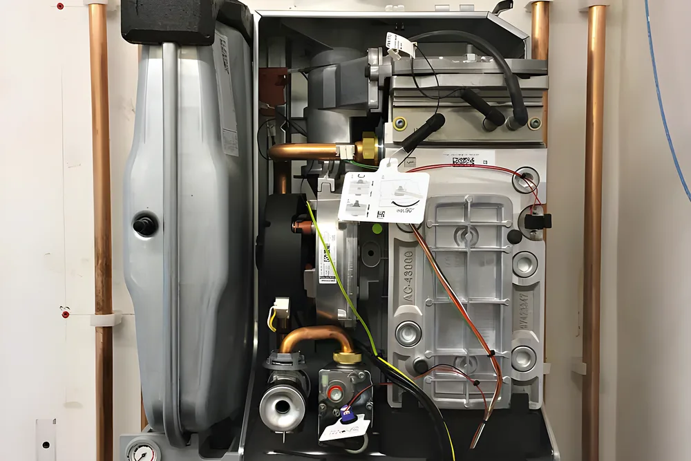A boiler opened up for servicing, showing the burner and internal parts