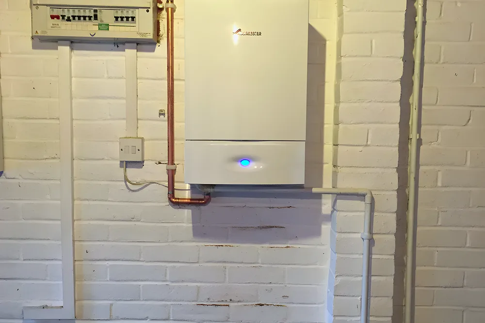 A boiler and controls fitted on a painted brick wall
