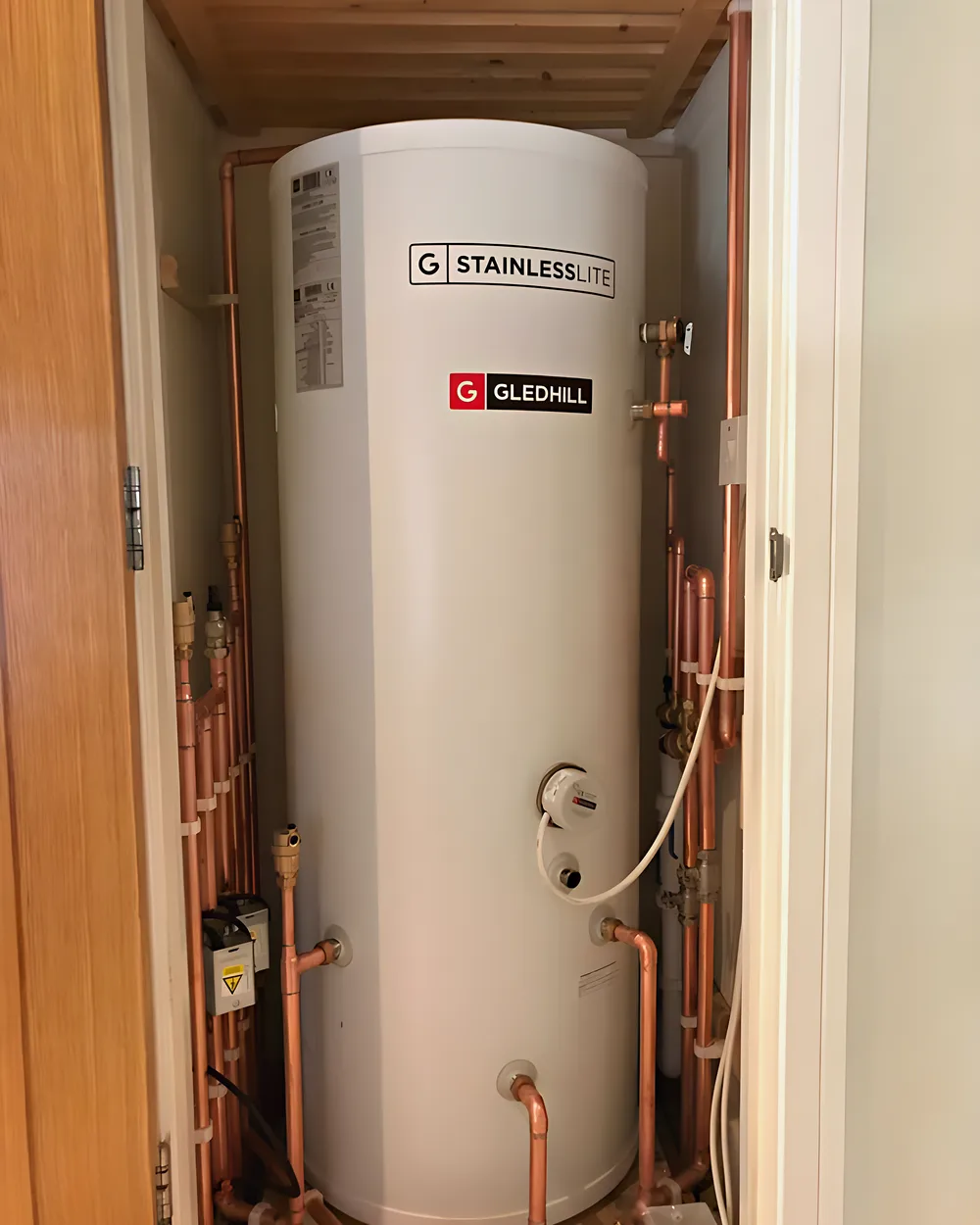 A stainless unvented hot water cylinder in a cupboard with copper pipework
