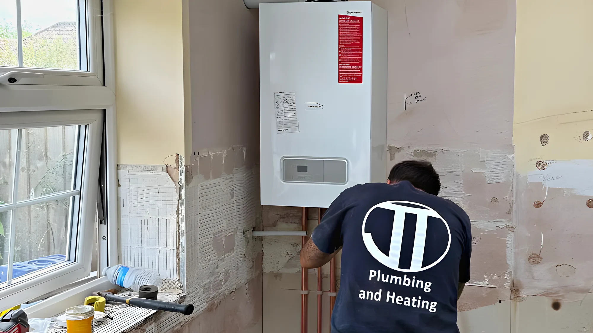 A JT engineer in a branded shirt working on a boiler installation, seen from behind