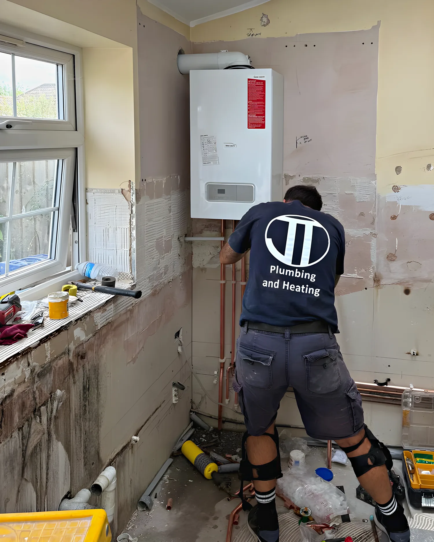 A JT engineer in a branded shirt working on a boiler installation, seen from behind