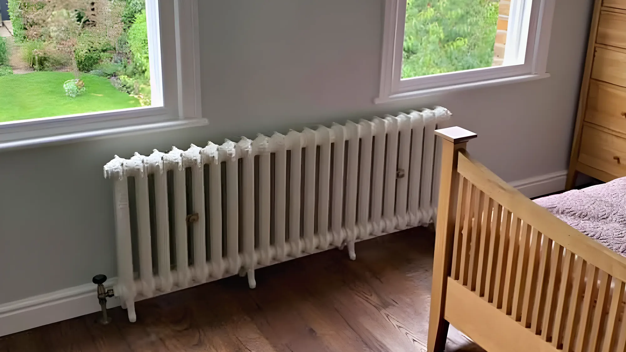 A white column radiator in a bedroom with an oak floor and garden views