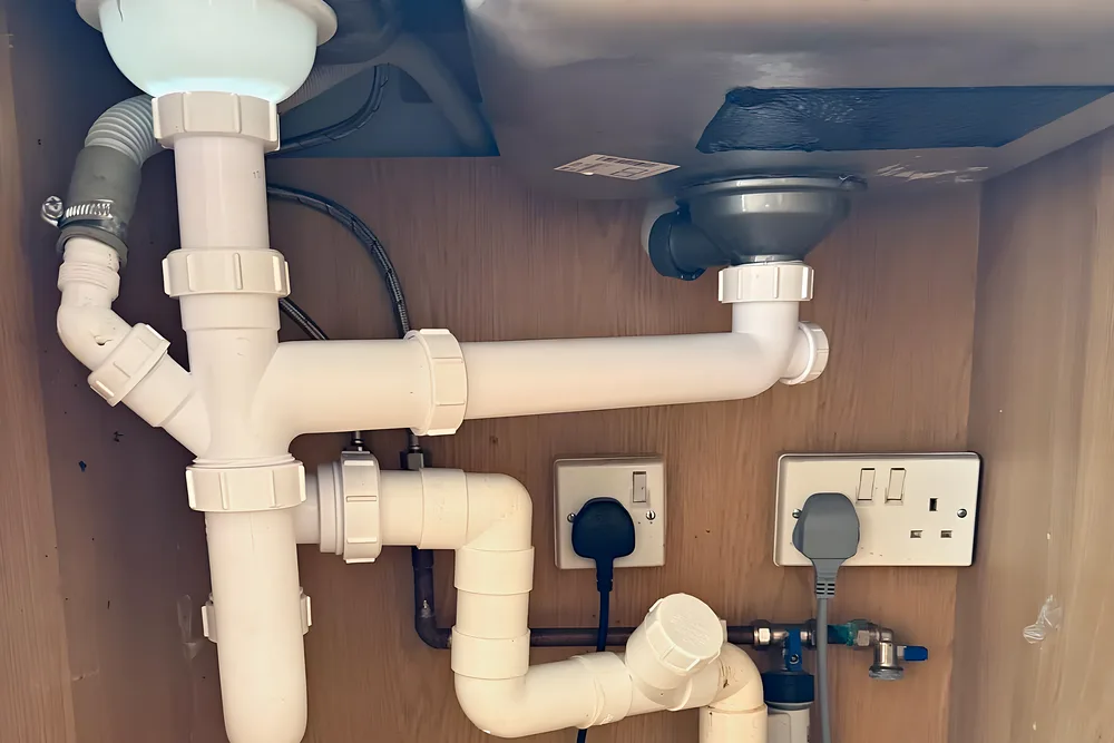A new double sink trap fitted neatly under a kitchen sink